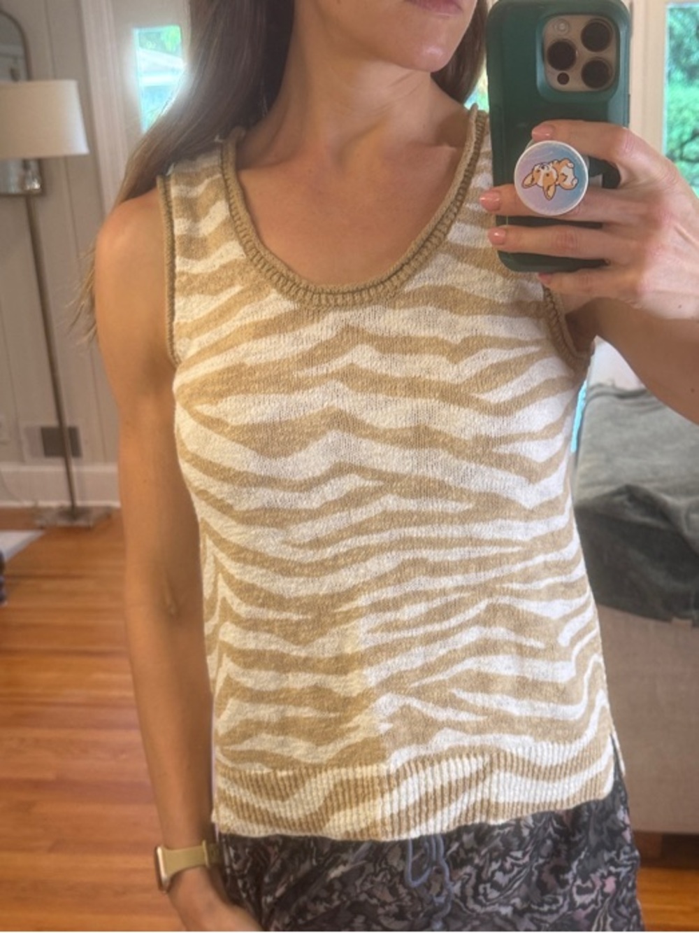 Lou & Grey Sleeveless Knit Beige Zebra-Print Knit Tank Top